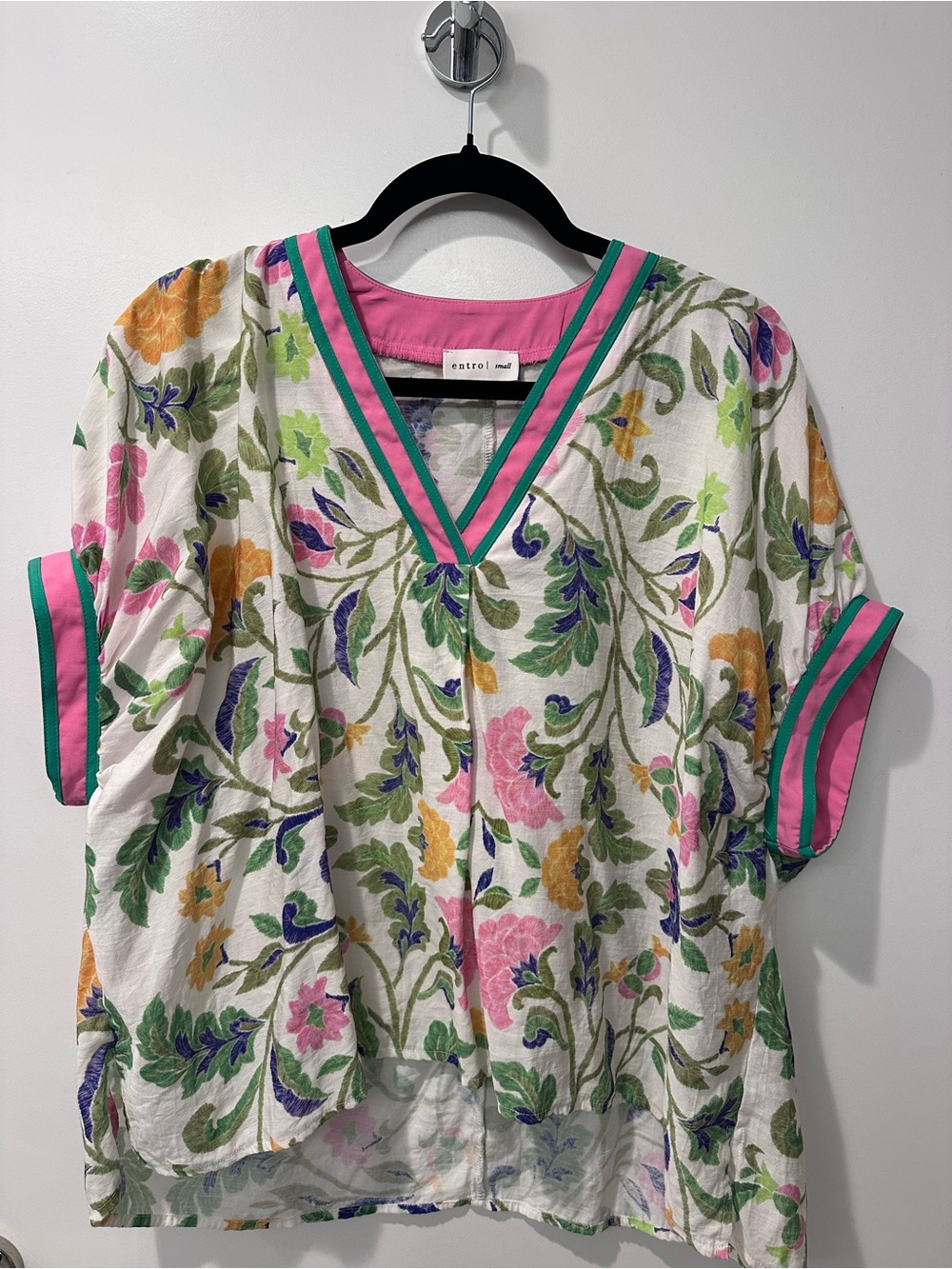 entro Floral V-Neck Tunic with Pink & Teal Trim